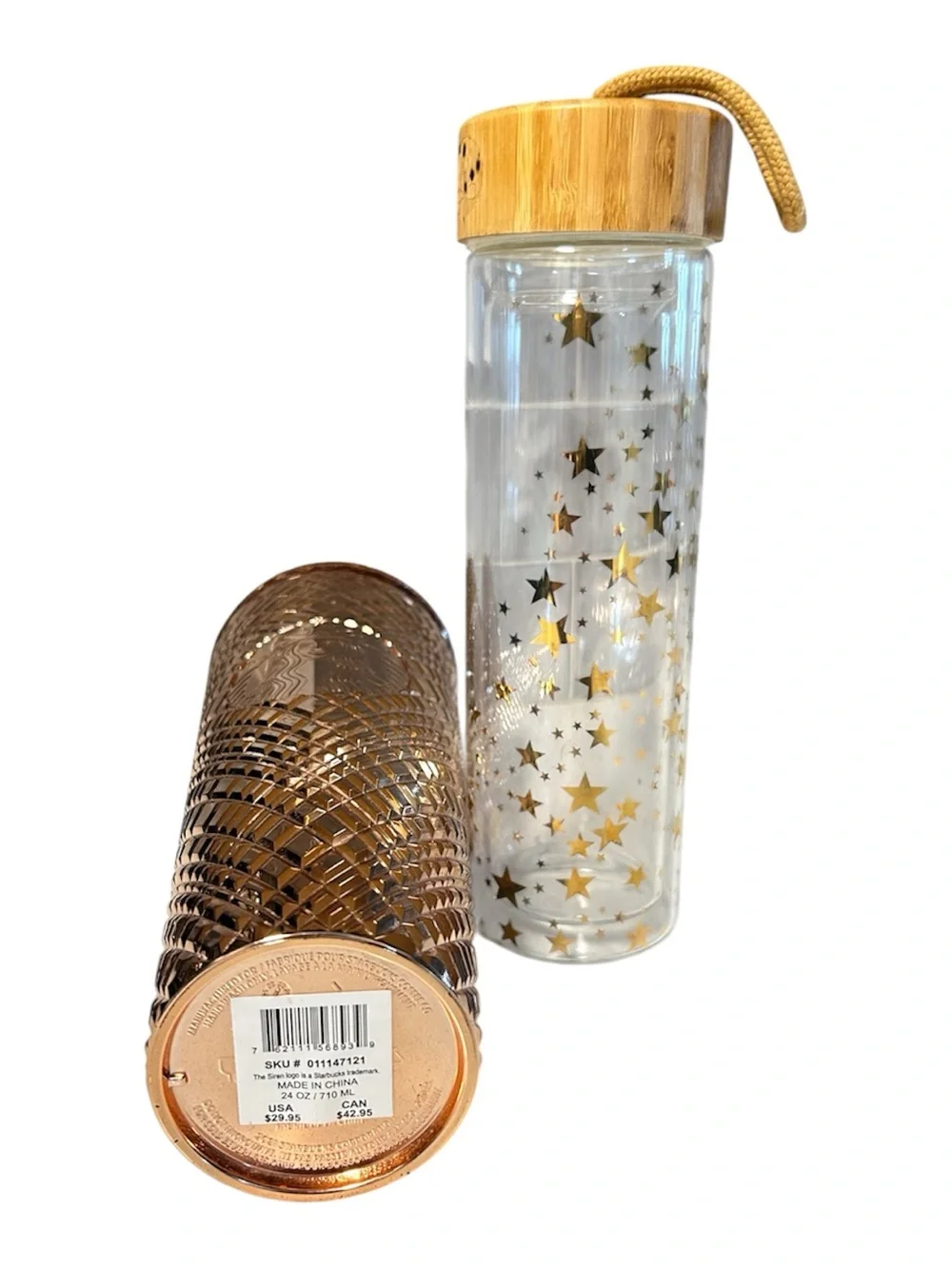 Starbucks Rose Gold Textured Tumbler & Clear Bottle with Gold Stars